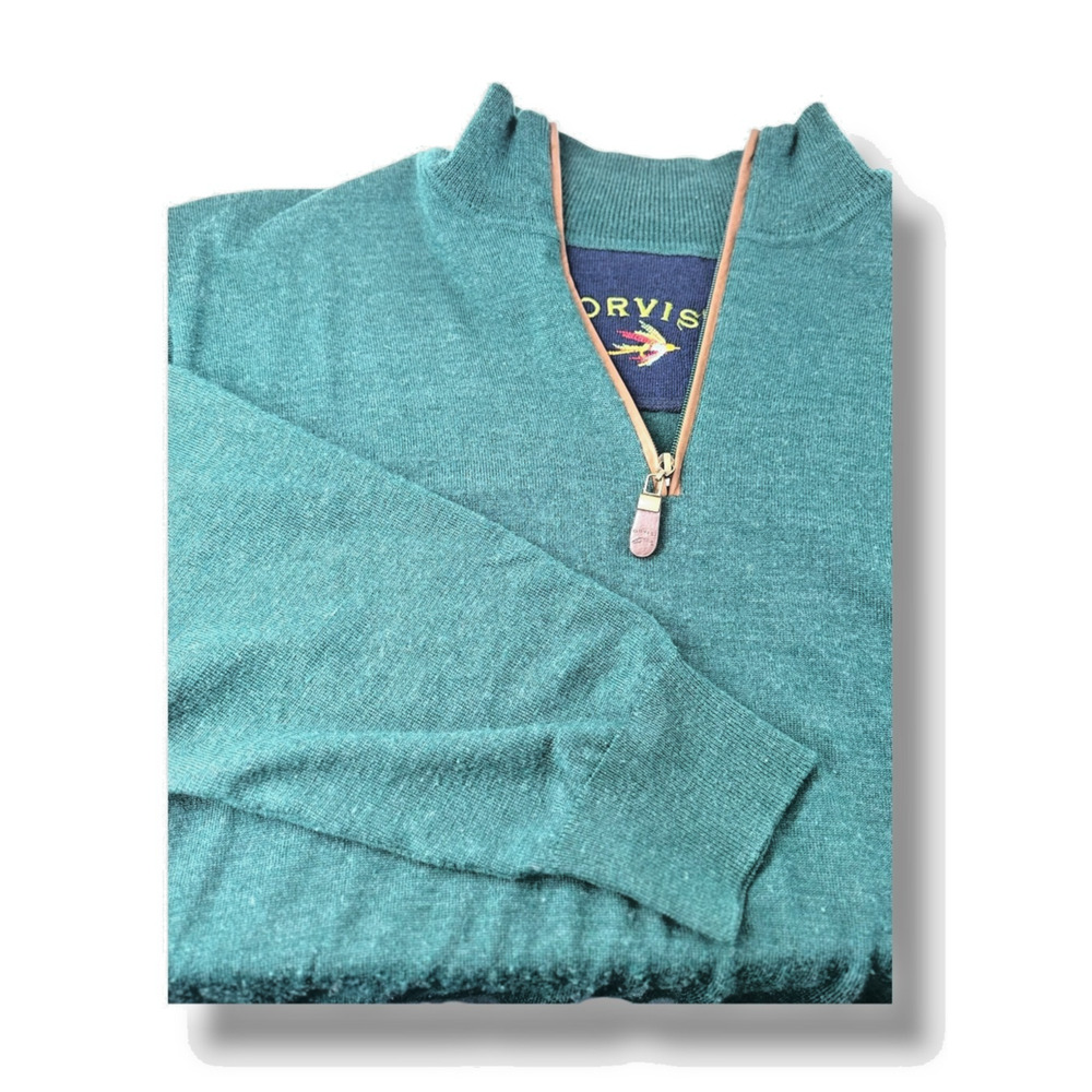 Orvis 100% Merino Wool 1/4 Zip Sweater Men's XL Green Leather Trim Quiet Luxury